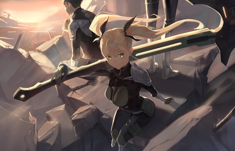 Blonde Girl with Sword — Black, Dramatic, Sunset