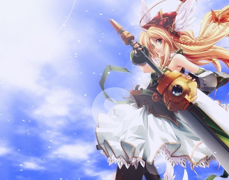 Blonde Girl with Sword — Blue, Dramatic, Afternoon, Anime, Angel Wings
