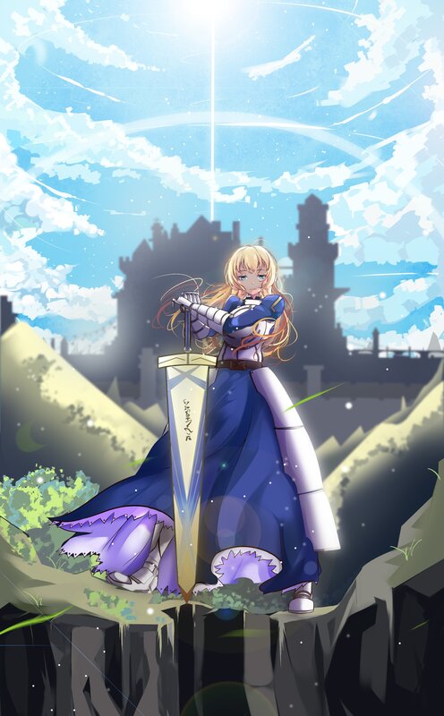 Blonde Girl with Sword — Blue, Dramatic, Afternoon, Anime, Castle