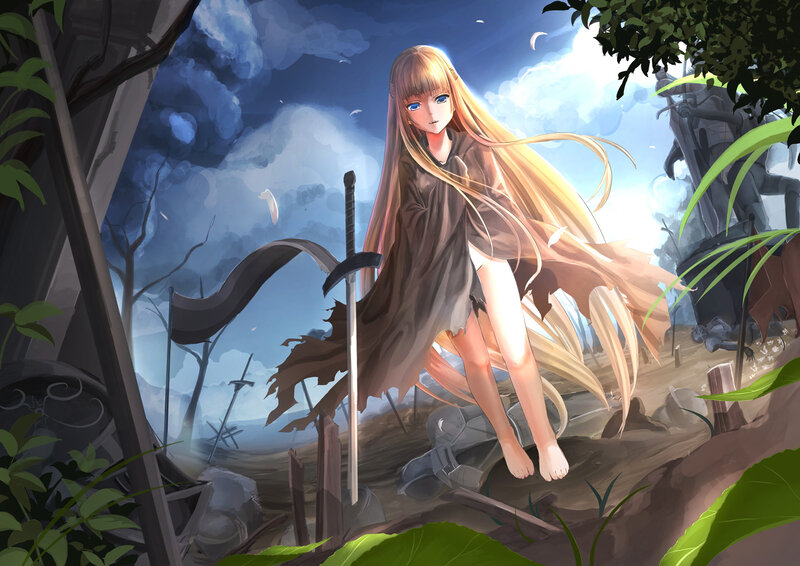 Blonde Girl with Sword — Blue, Dramatic, Afternoon
