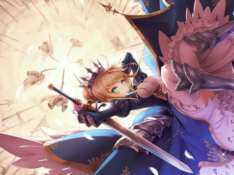 Blonde Girl with Sword — Blue, Dramatic, Anime, Armor