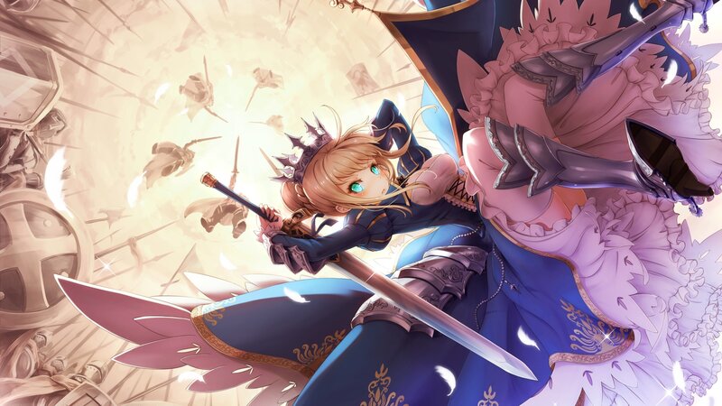 Blonde Girl with Sword — Blue, Dramatic, Anime, Armor, Wings