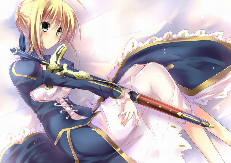 Blonde Girl with Sword — Blue, Dramatic, Anime, Cape, Dress