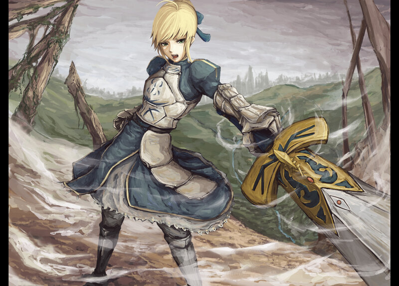 Blonde Girl with Sword — Blue, Dramatic, Digital Art