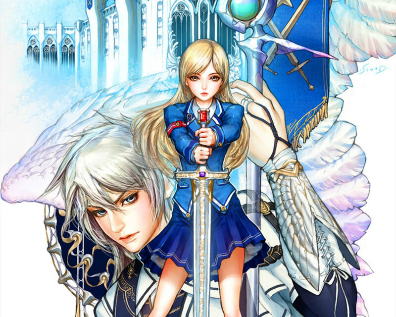 Blonde Girl with Sword — Blue, Dramatic, Digital Art, Wings