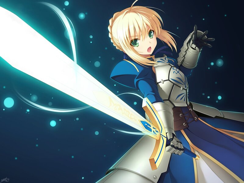 Blonde Girl with Sword — Blue, Dramatic, Night, Anime, Armor, Green Eyes, White