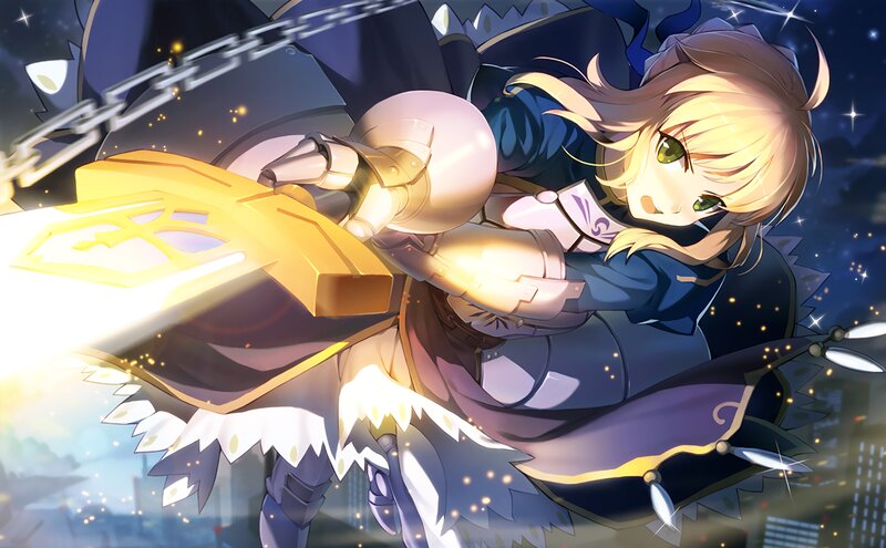 Blonde Girl with Sword — Blue, Dramatic, Night, Anime, Chain