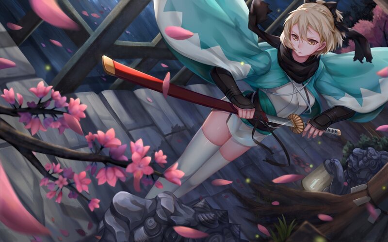 Blonde Girl with Sword — Blue, Dramatic, Night, Anime, Cherry Blossoms
