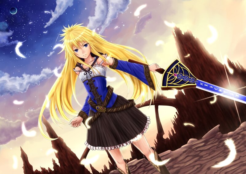 Blonde Girl with Sword — Blue, Dramatic, Night, Anime, Clouds