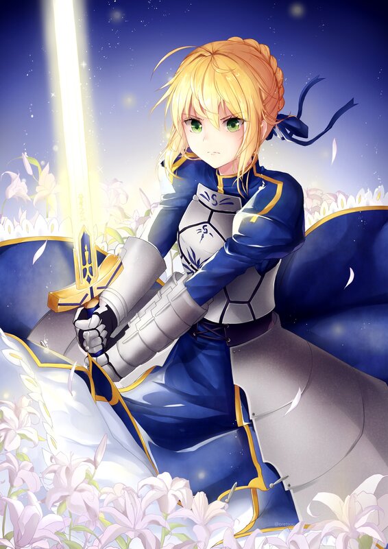 Blonde Girl with Sword — Blue, Dramatic, Night, Anime, Flowers