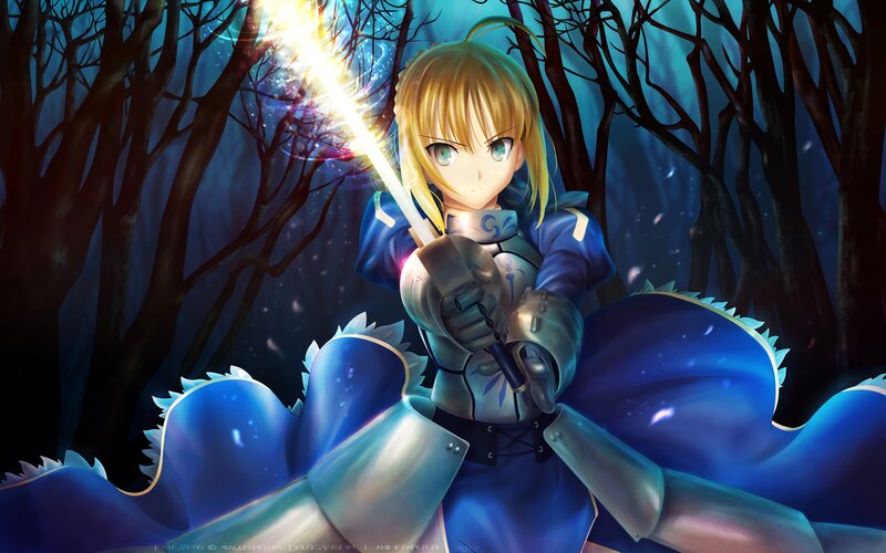 Blonde Girl with Sword — Blue, Dramatic, Night, Anime, Forest, Armor