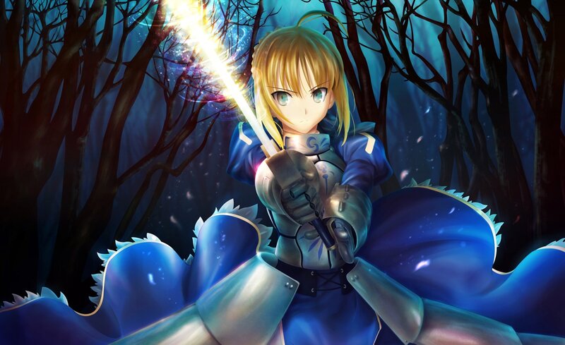 Blonde Girl with Sword — Blue, Dramatic, Night, Anime, Forest
