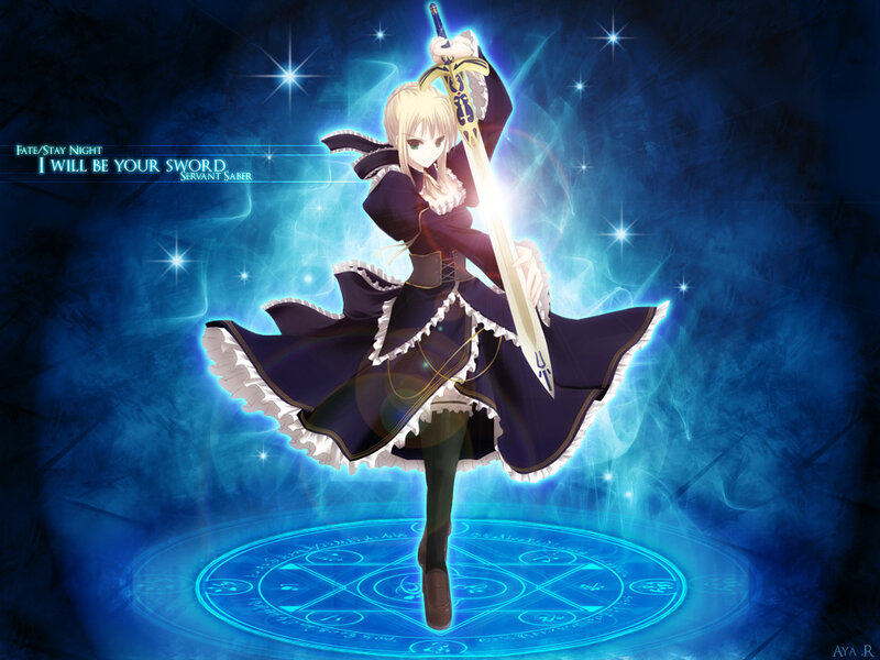 Blonde Girl with Sword — Blue, Dramatic, Night, Anime, Magic Circle