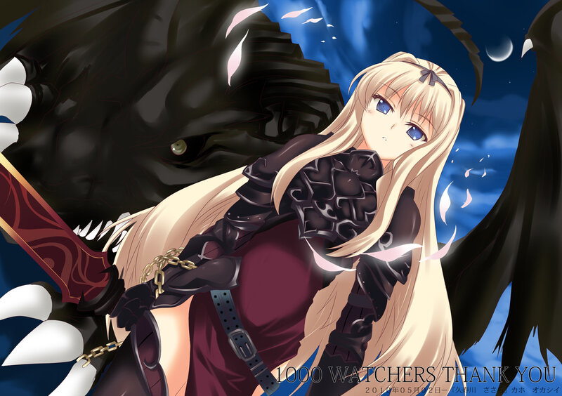 Blonde Girl with Sword — Blue, Dramatic, Night, Anime, Monster