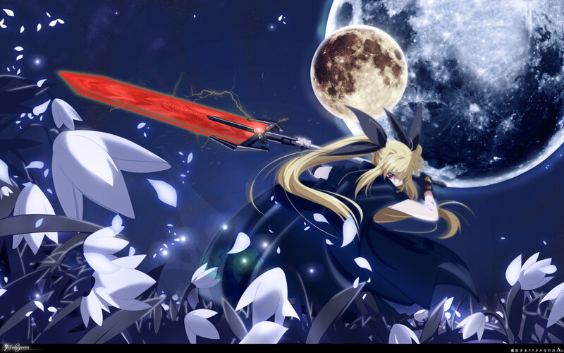 Blonde Girl with Sword — Blue, Dramatic, Night, Anime, Moon