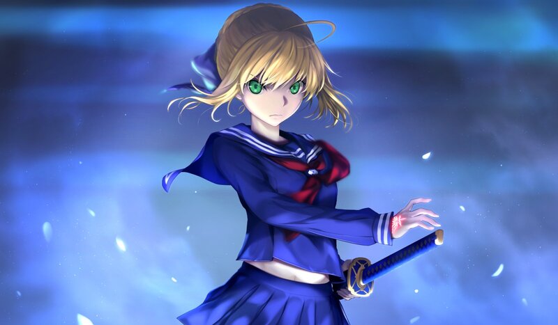 Blonde Girl with Sword — Blue, Dramatic, Night, Anime, School Uniform