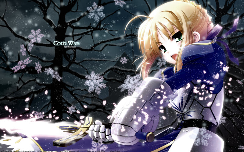 Blonde Girl with Sword — Blue, Dramatic, Night, Anime, Snowflakes