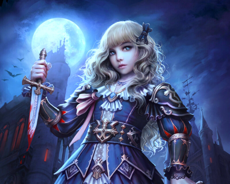 Blonde Girl with Sword — Blue, Dramatic, Night, Digital Art