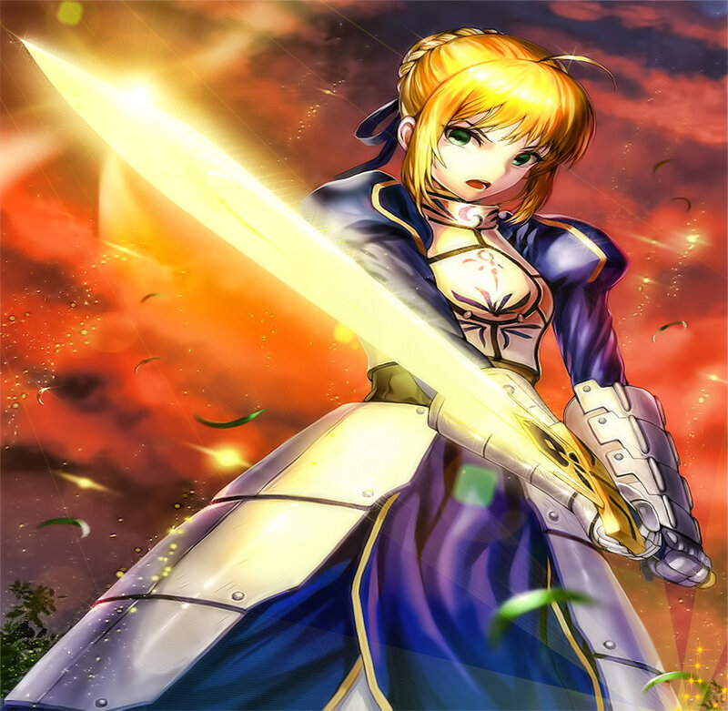 Blonde Girl with Sword — Blue, Dramatic, Sunset, Anime, Armor