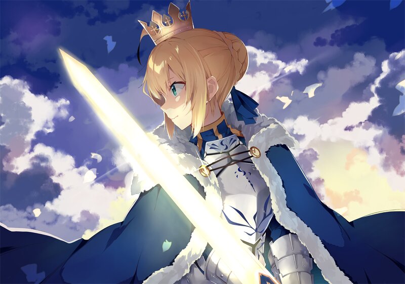 Blonde Girl with Sword — Blue, Dramatic, Sunset, Anime, Crown