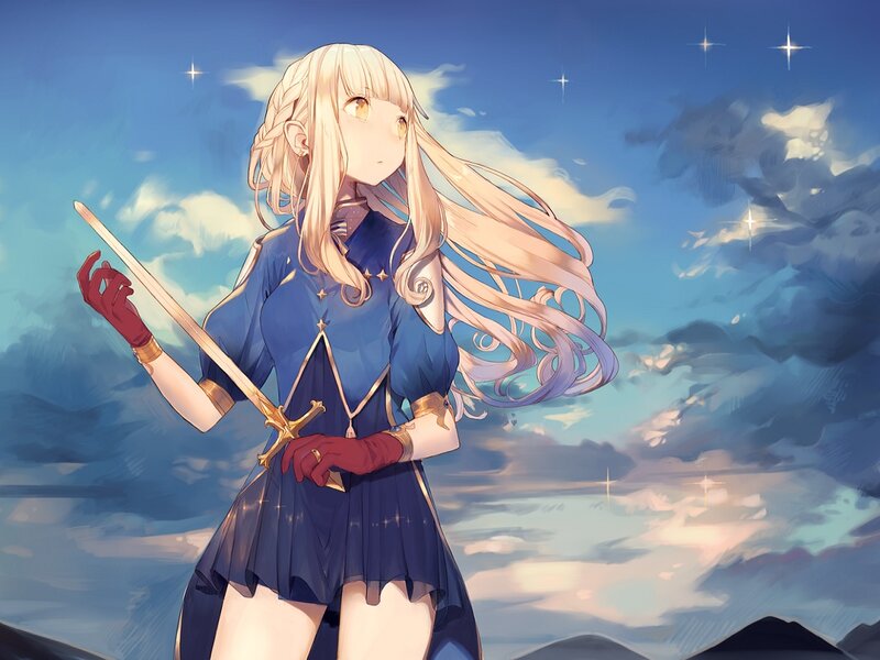 Blonde Girl with Sword — Blue, Dramatic, Sunset