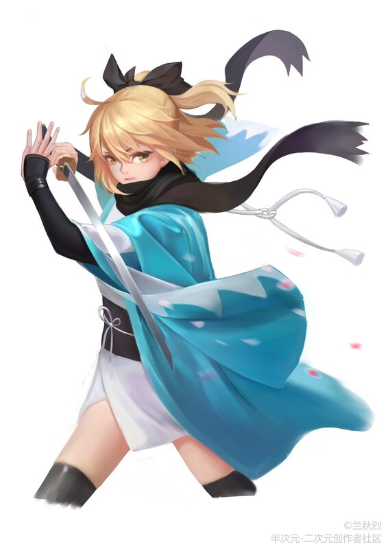 Blonde Girl with Sword — Blue, Dynamic, Digital Art