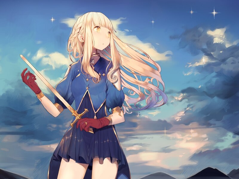 Blonde Girl with Sword — Blue, Serene, Night