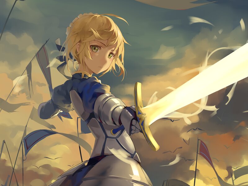 Blonde Girl with Sword — Gold, Dramatic, Sunset