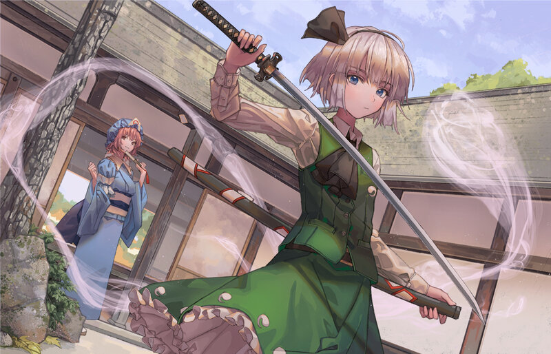 Blonde Girl with Sword — Green, Dramatic, Afternoon