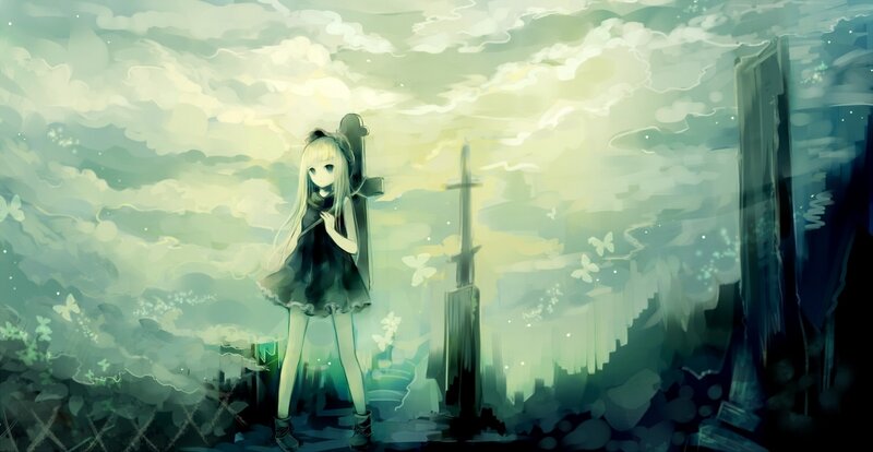 Blonde Girl with Sword — Green, Melancholic