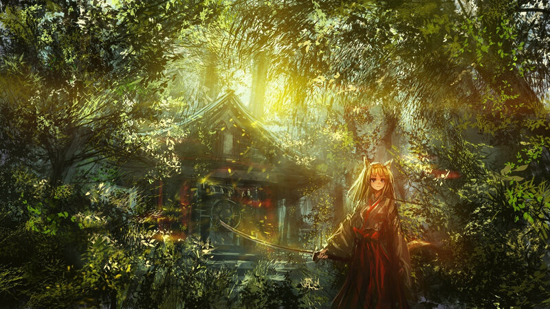 Blonde Girl with Sword — Green, Serene