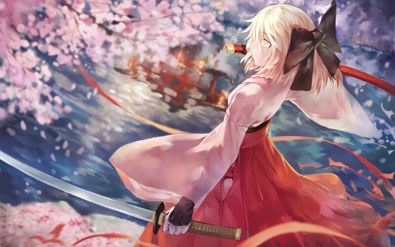 Blonde girl with sword in cherry blossoms