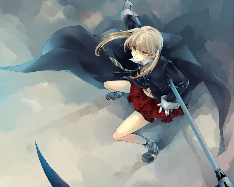 Blonde girl with sword in sky