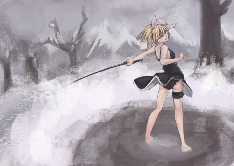Blonde girl with sword in snow