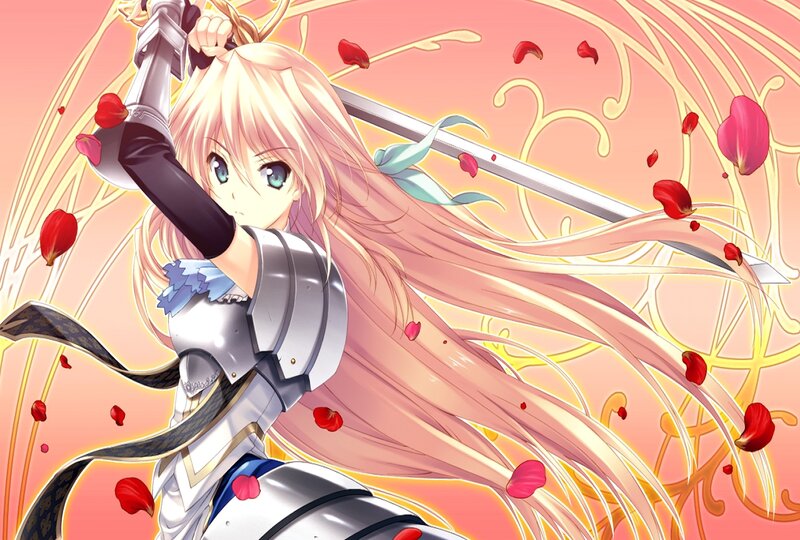 Blonde Girl with Sword — Pink, Dramatic, Anime, Rose Petals