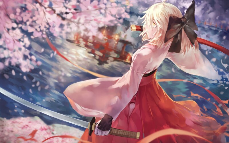 Blonde Girl with Sword — Pink, Dramatic, Spring, Anime, Cherry Blossoms