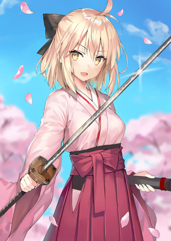 Blonde Girl with Sword — Pink, Serene, Spring, Anime, Cherry Blossoms