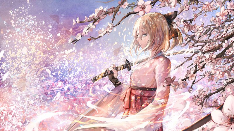 Blonde Girl with Sword — Pink, Serene, Spring, Digital Art, Cherry Blossoms