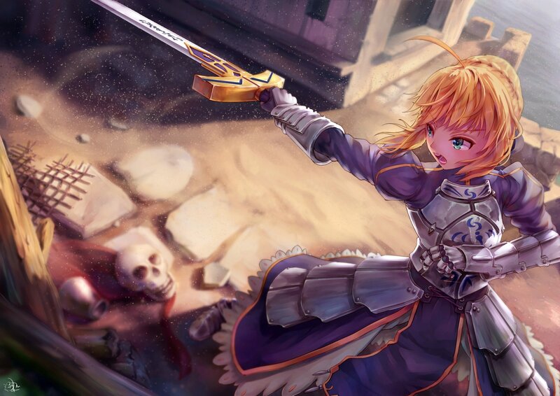 Blonde Girl with Sword — Purple, Dramatic, Anime, Skull
