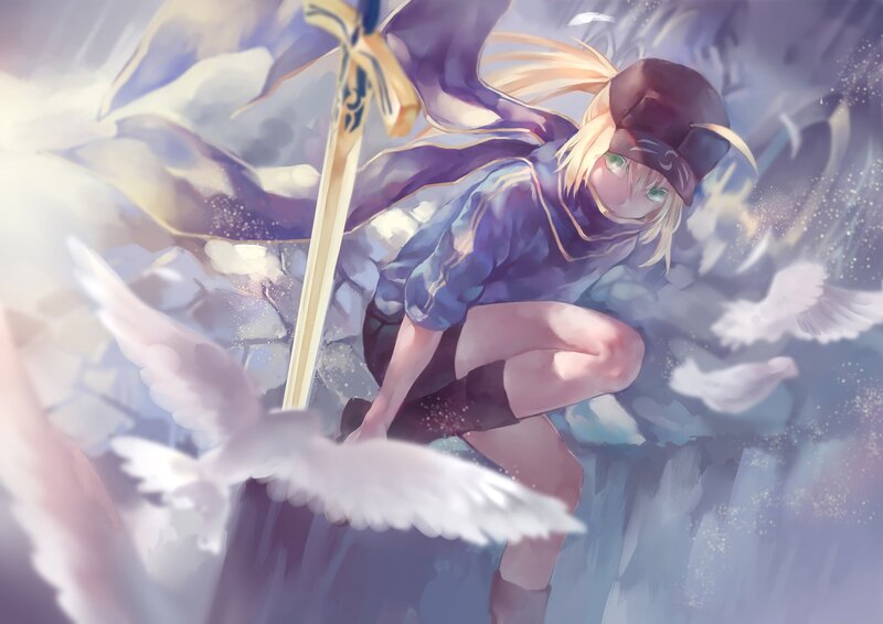 Blonde Girl with Sword — Purple, Dramatic, Digital Art, White Birds