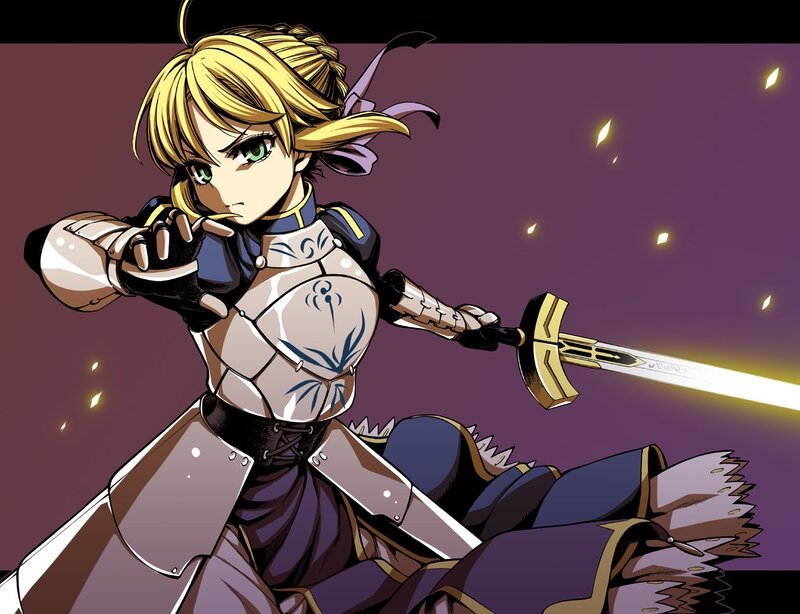 Blonde Girl with Sword — Purple, Dramatic, Night, Anime, Armor, Green Eyes