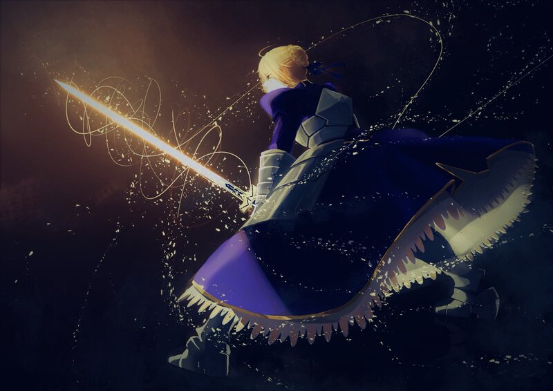 Blonde Girl with Sword — Purple, Dramatic, Night, Anime, Armor, Sparks