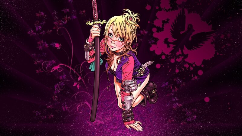 Blonde Girl with Sword — Purple, Dramatic, Night, Anime, Glasses, Cherry Blossoms