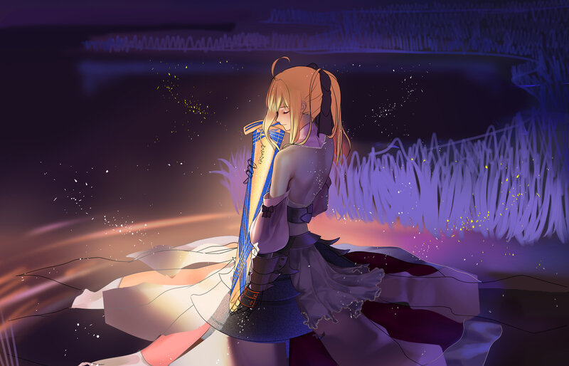Blonde Girl with Sword — Purple, Dramatic, Night, Digital Art, Grass