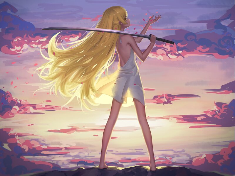 Blonde Girl with Sword — Purple, Dramatic, Sunset