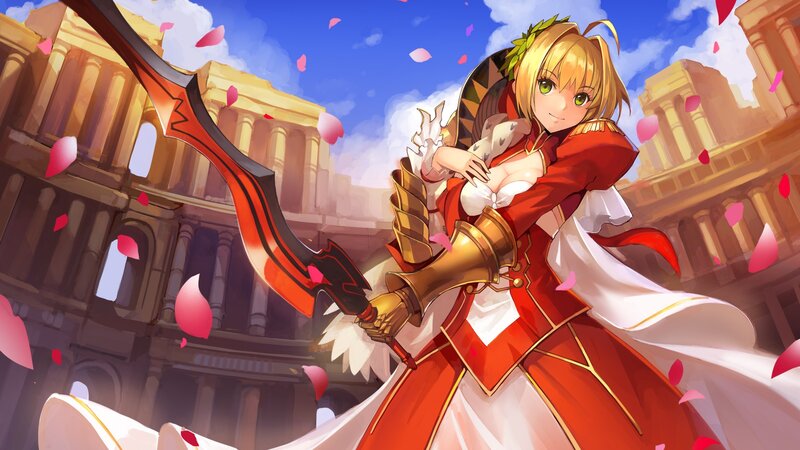 Blonde Girl with Sword — Red, Dramatic, Afternoon