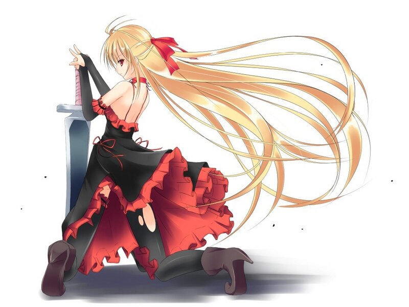 Blonde Girl with Sword — Red, Dramatic, Anime
