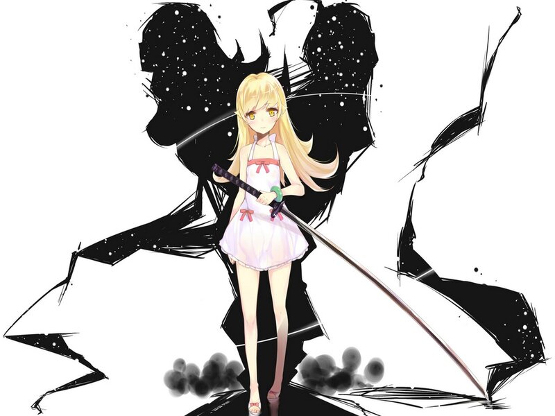 Blonde Girl with Sword — White, Dramatic, Anime, Black Wings, Dress
