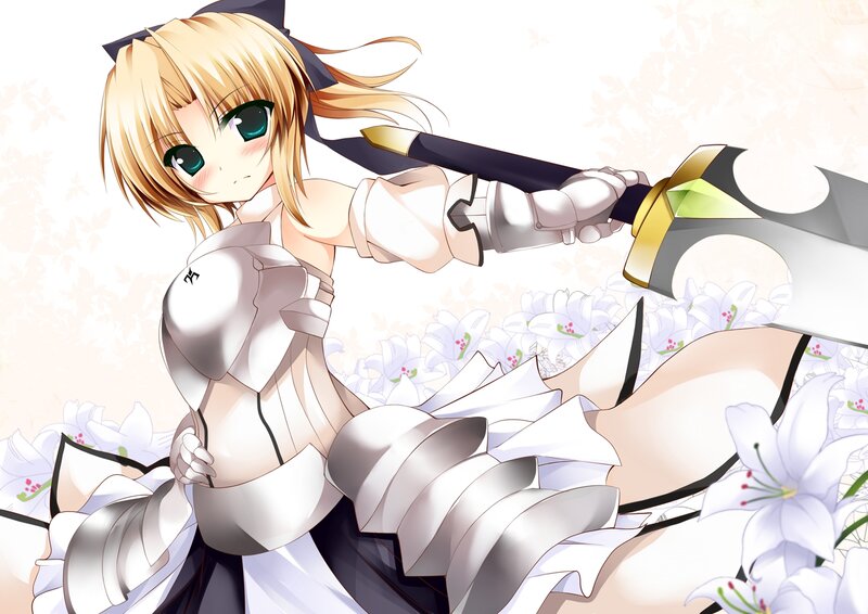 Blonde Girl with Sword — White, Dramatic, Anime, Flowers, Armor