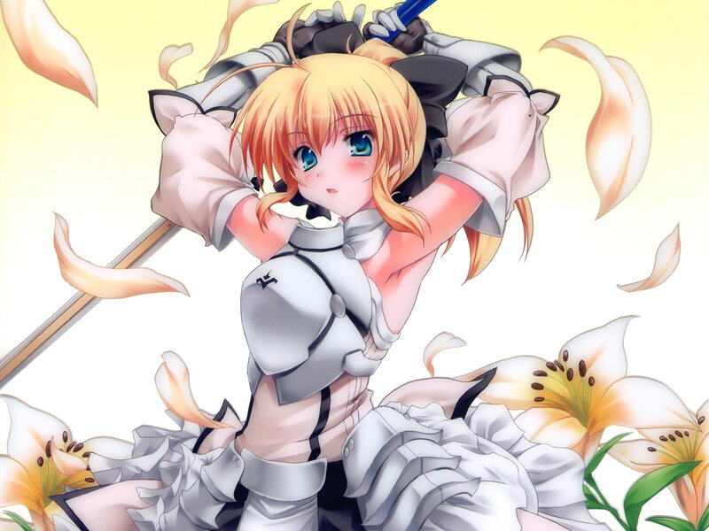 Blonde Girl with Sword — White, Dramatic, Anime, Flowers
